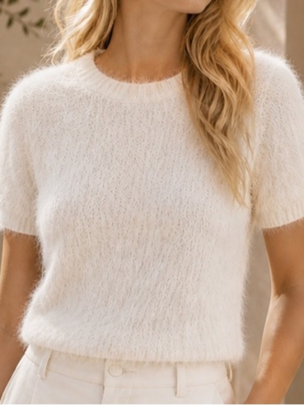 Zara Cream Short-Sleeve Fuzzy Knit Top